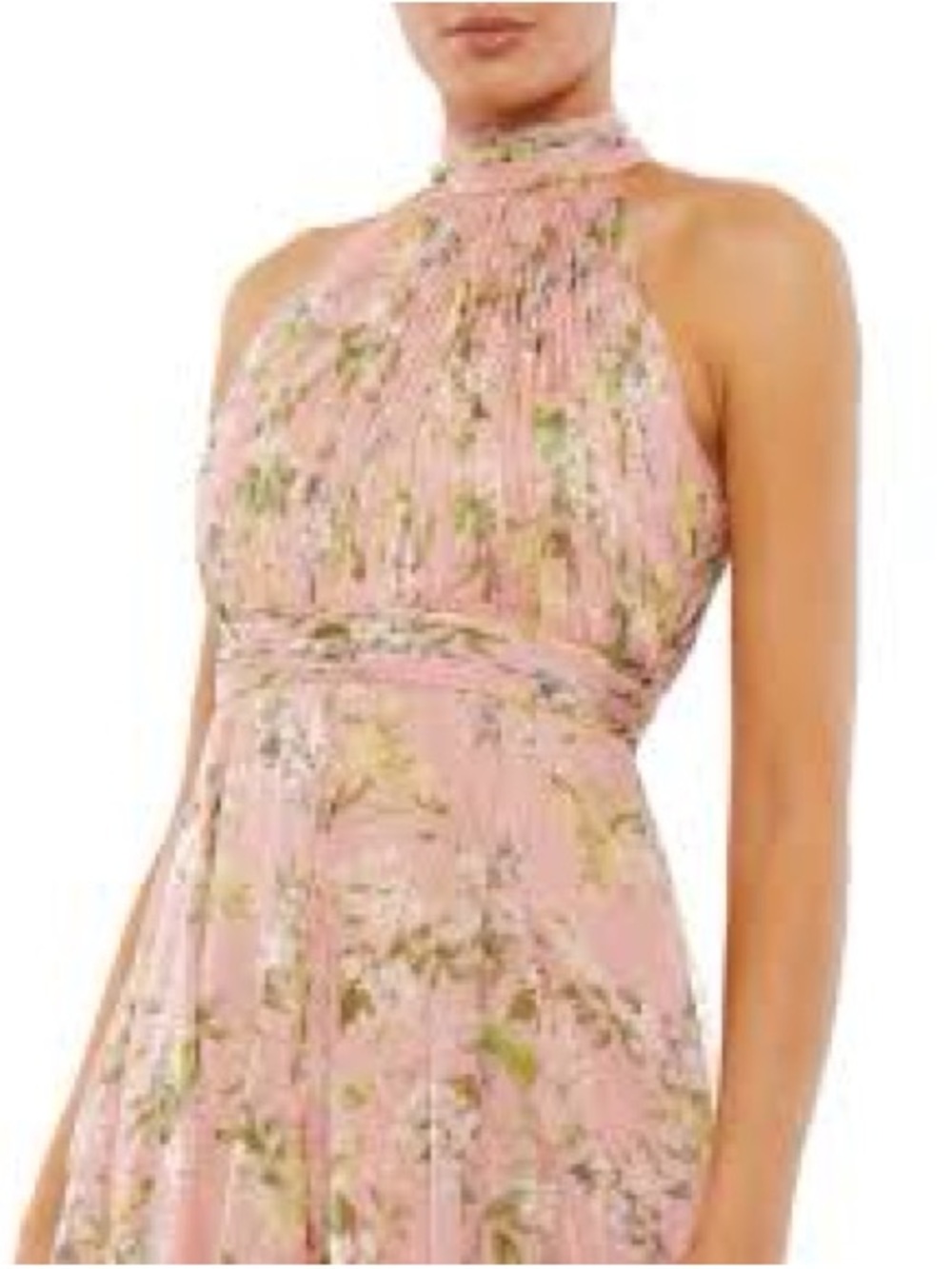 Ieena for MacDuggal. Pink Floral Halter Midi Dress. Item# 11461
